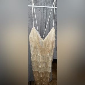 VINTAGE ROBERTA EINER 1960’s Neutral Tan Ombré Fringe Dress Bling Straps NEW